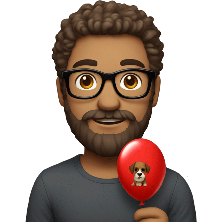 Heavy white young dad, with a big brown beard and black rectangle glasses and brown hair he’s holding a red balloon animal shaped like a dog emoji