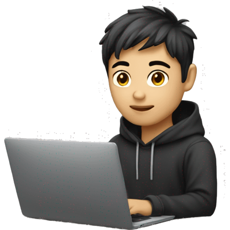 A Asian boy is developer dressed as developer wearing dark hoodies working on a laptop. Background transparent emoji