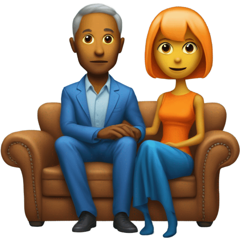 alien reptilian woman in orange dress and humman man in blue, sitting on a couch  emoji