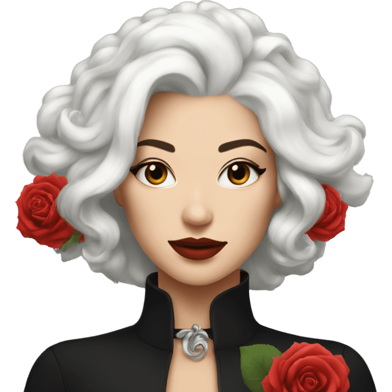 Woman with luxurious white hair with a black choker with a rose on her neck emoji