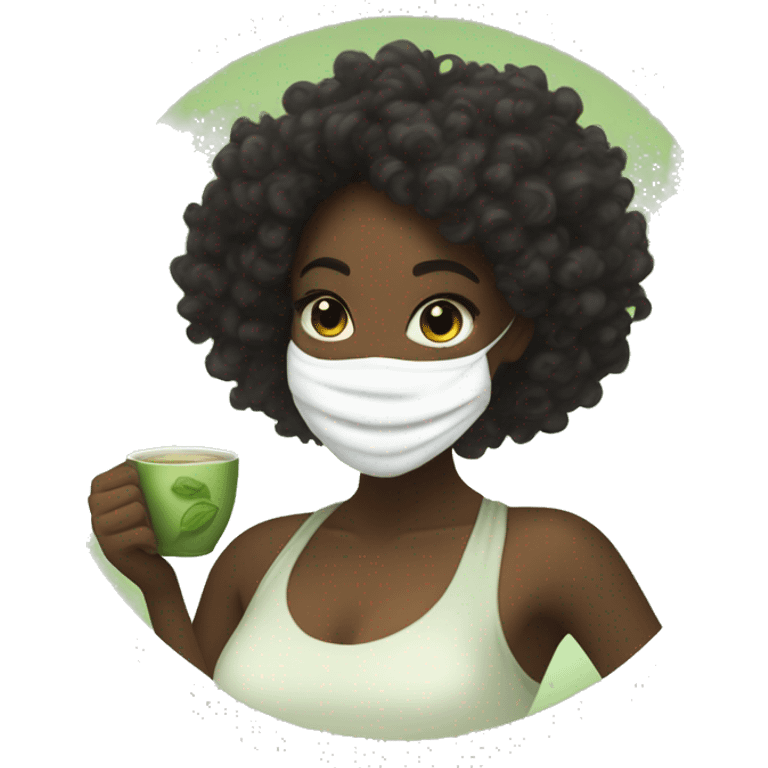 Black girl with curly hair wrapped in a towel, has a white face mask on and holding a steaming matcha tea while smiling  emoji