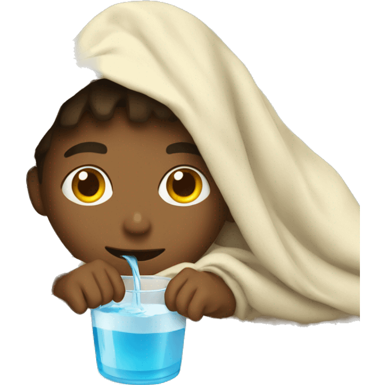 Boy inside a blanket sipping water emoji