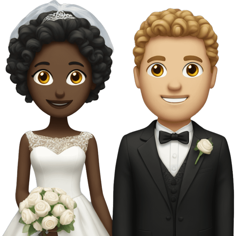 Black bride and white man with brown curly hair groom emoji