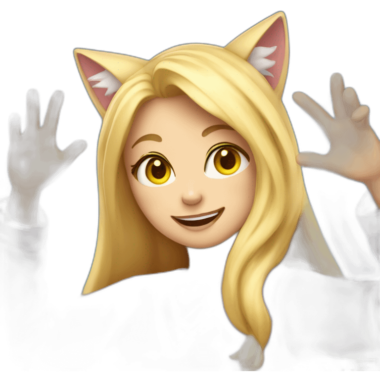 Catgirl with long blond hair yellow eyes in Choral pajamas waving emoji