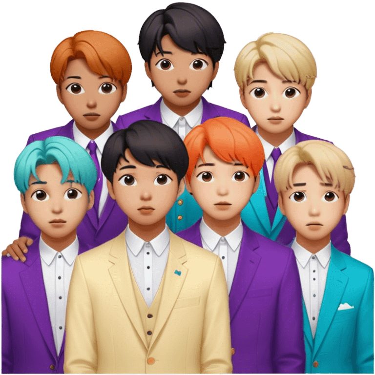 Cinematic Realistic group portrait of BTS featuring all 7 members in stylish modern attire, with detailed facial expressions and vibrant colors, captured in dynamic, contemporary lighting that emphasizes their global pop icon status emoji