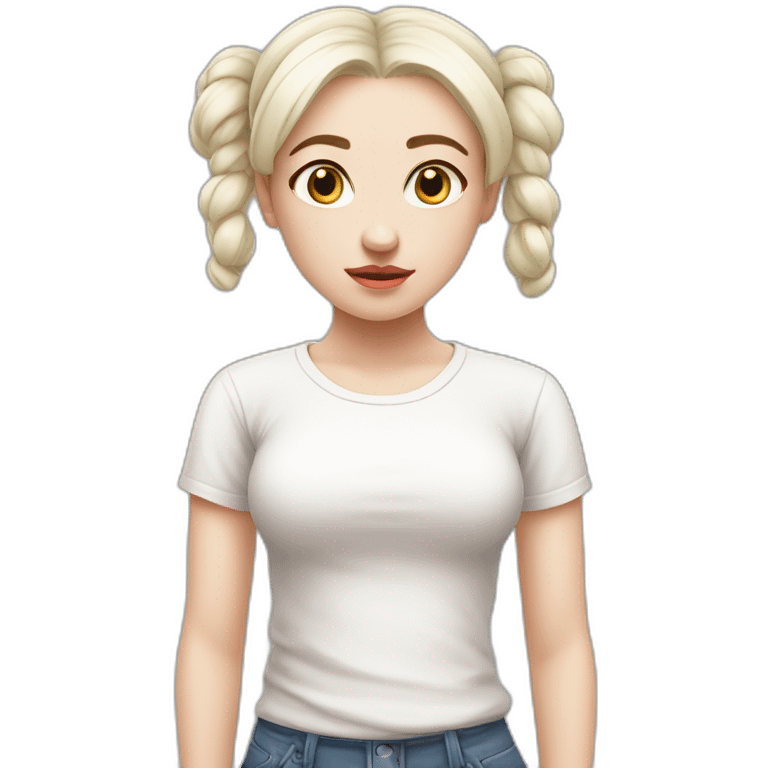 sad girl with pale skin and white hair in two buns, white t-shirt emoji