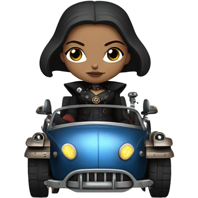 Jedi bounty hunter Wednesday Addams racing sitting in a modern blue,red and pewter steampunk electric luxury emoji