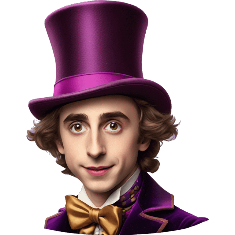 older Timothée Chalamet as Willy Wonka, high cheek bones, large face, hat emoji