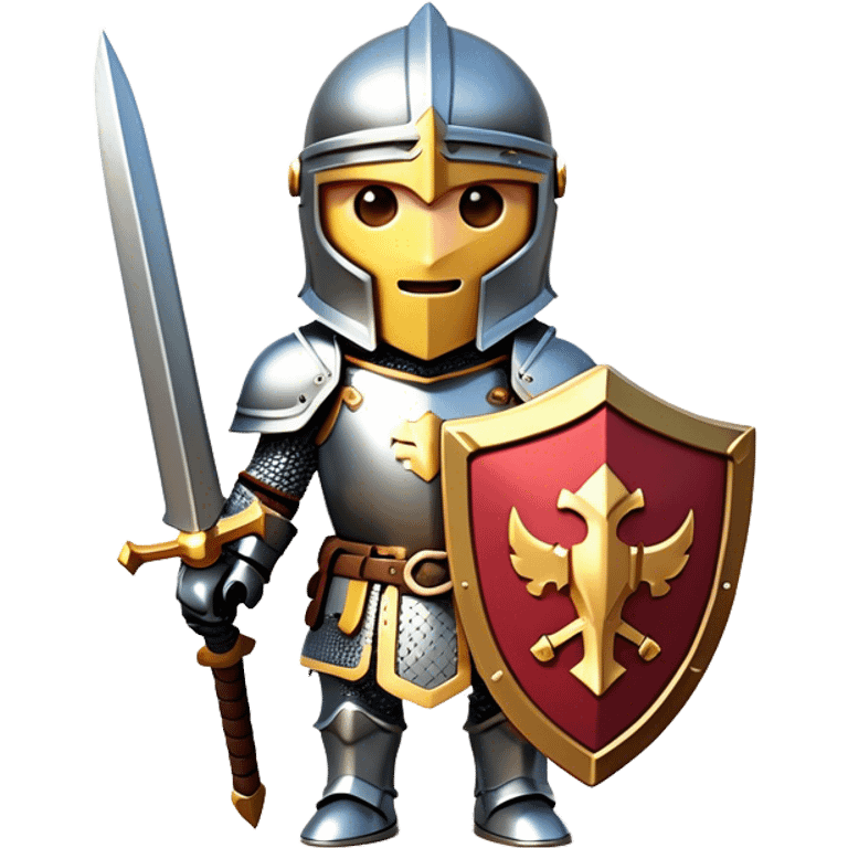 Clash of Clans aesthetic: Cinematic Playful Armored Knight Hero Emoji, rendered in a 3D vector-style similar to standard emojis with minimal shading and bold, simplified shapes. A compact, isometric warrior clad in gleaming plate armor with intricate heraldic details, softly glowing with a chivalrous medieval charm. Simplified yet unmistakably iconic, highly detailed and consistent, glowing with a soft radiant shine and high polish. Stylized with a touch of noble valor and a soft glowing outline, capturing the essence of a gallant knight ready for honorable battle with a friendly, playful manner! emoji