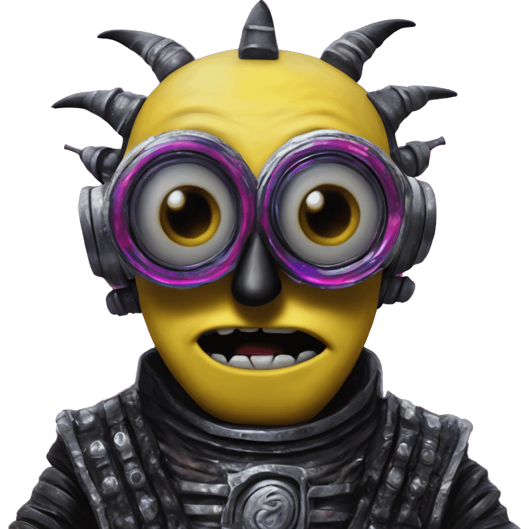 Synthwave minion in Lordi style, oil paint, black eyes, intricate lips, masterpiece portrait, beautiful, desirable, logical, love, peace, understanding emoji