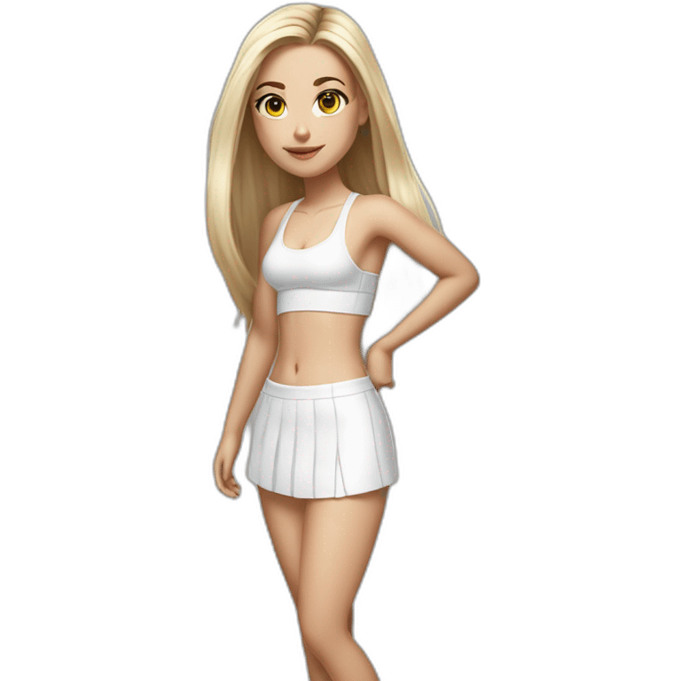 hyperrealist caucasian long straight hair blonde brown eyes white bikini top gray tight mini skirt black sneakers full body emoji