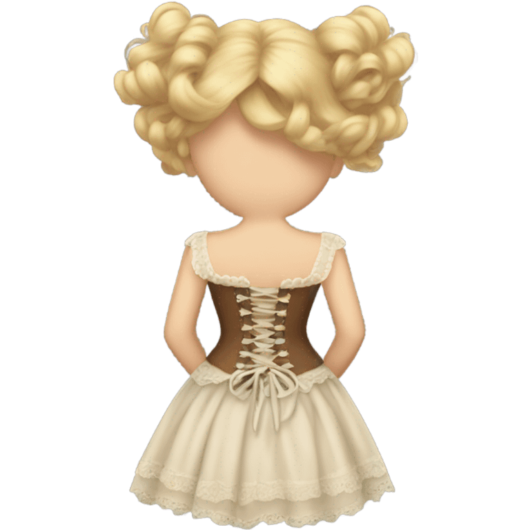 a blonde girl with brown hair standing with her back tied an old corset on a fluffy dress emoji