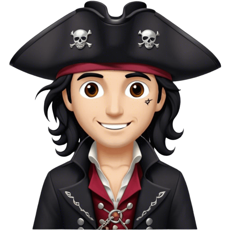 A charismatic pirate with wavy black hair that falls just past his shoulders, tousled slightly by the sea breeze. He wears a black tricorn hat with subtle silver embroidery along the edges, casting a shadow over his sharp, confident features. His piercing dark eyes glint with mischief as he gazes to the side, a knowing smile playing at his lips. His well-fitted black coat, adorned with polished silver buttons and intricate stitching, moves slightly with the wind, revealing glimpses of a deep-crimson waistcoat underneath. A silver chain dangles from his belt, catching the dim golden light of the setting sun. His posture is relaxed yet assured, exuding effortless charm as if he owns the sea itself. emoji