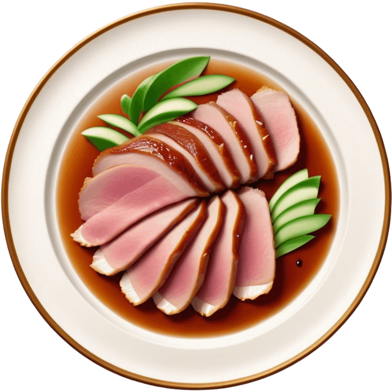 Peking Duck Cinematic Realistic Peking Duck Dish Emoji, depicted as thinly sliced duck breast with crispy skin and succulent meat, rendered with vivid textures and dynamic, appetizing lighting. emoji