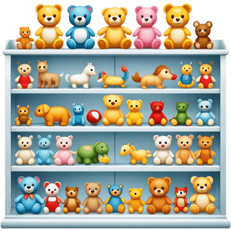 Icon for Toy Collecting: a collection of various vintage toys such as dolls, action figures, and plush animals, displayed neatly on shelves or in display cases. The icon should evoke the joy and nostalgia of collecting toys. Transparent background. emoji