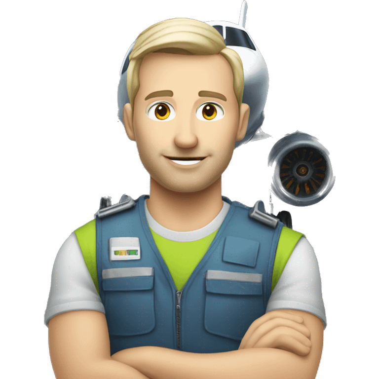 white skin male coordinator with vest on checking aircraft motor emoji