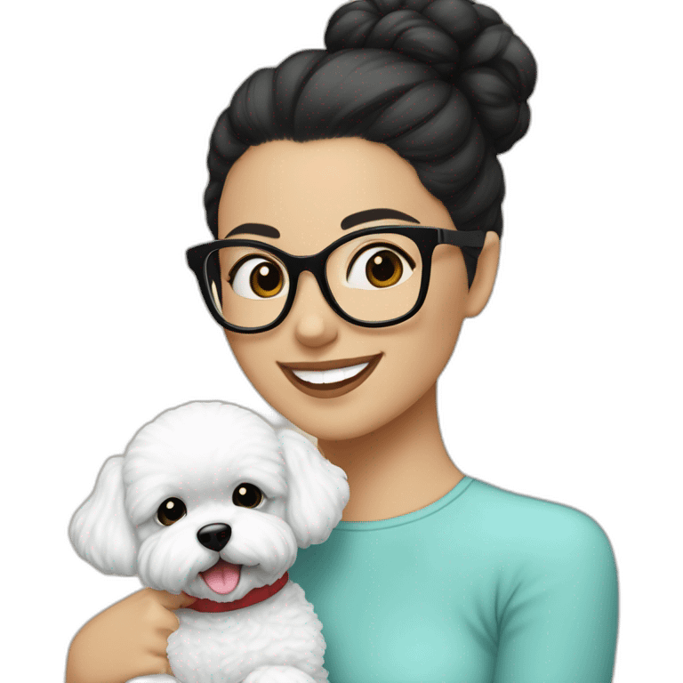 woman-black-hair-bun-with glasses-with bichon dog-white-smile-Christmas emoji