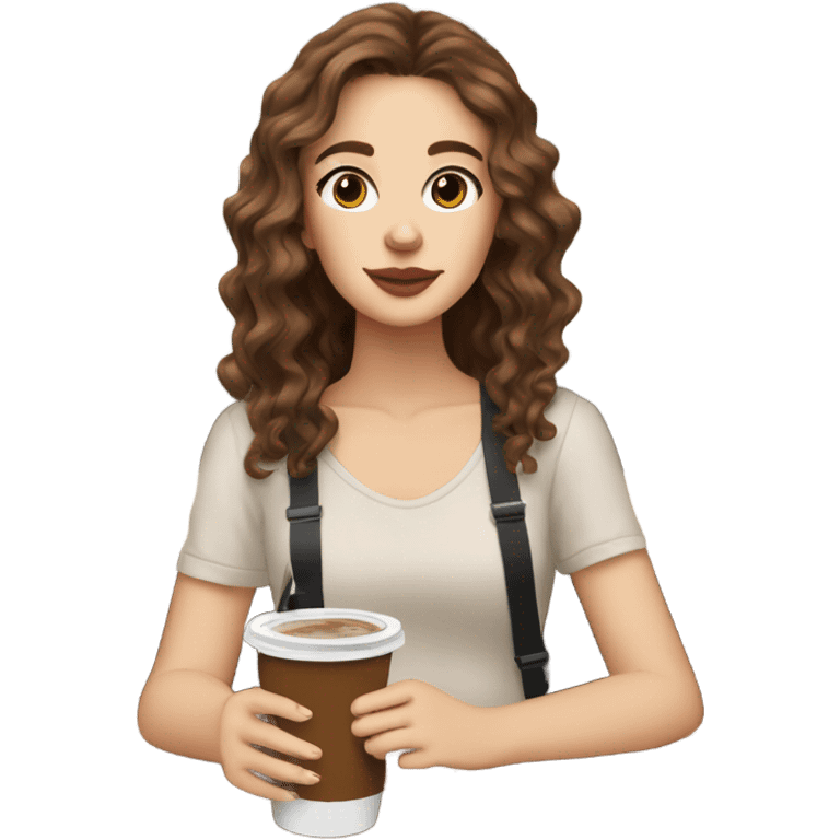 Full body aesthetic white girl with brown wavy hair and brown eyes sipping an iced americano in a cute coffee shop  emoji