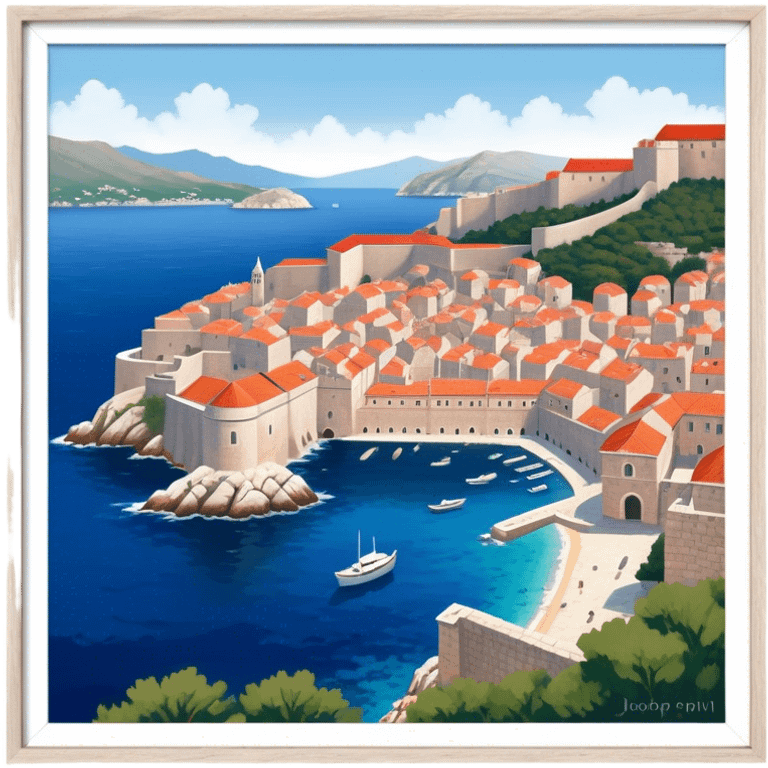 Dubrovnik – Cinematic Realistic Dubrovnik, depicted as a stunning coastal city with red-tiled roofs and ancient stone walls, set against the deep blue Adriatic Sea under warm Mediterranean light, rendered with rich textures that capture its enchanting beauty. emoji