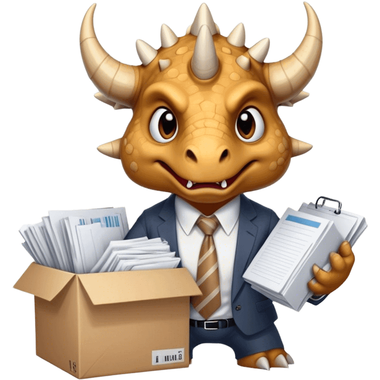 angry office triceratops in a tie holding a huge boxe bursting with a lot of documents and papers emoji