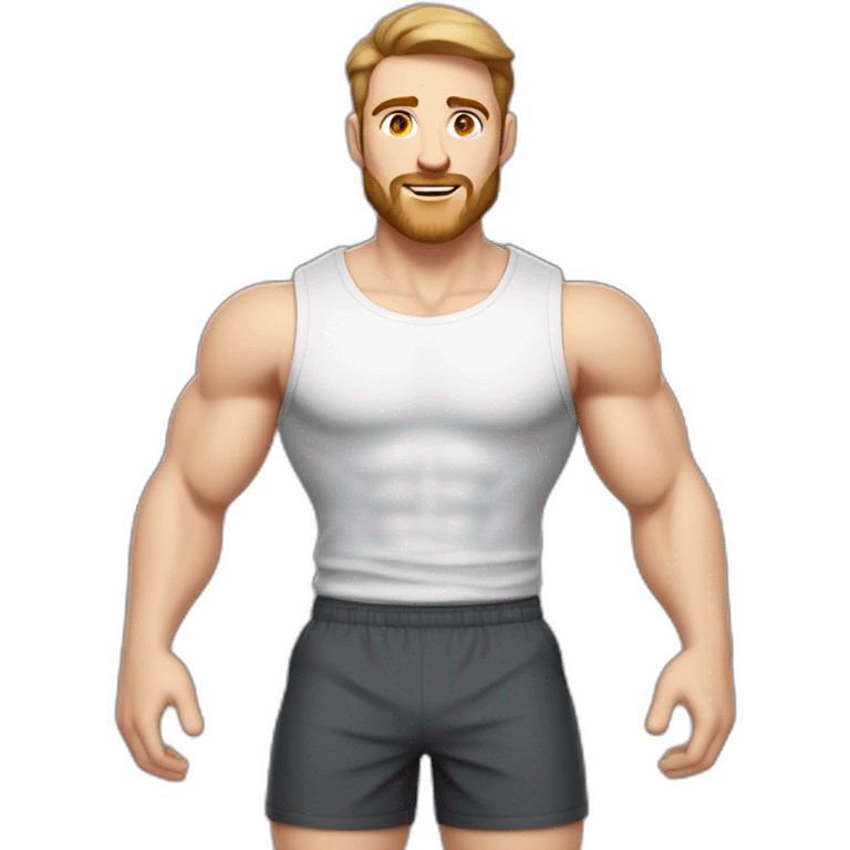 Full height Pale skinned fit man With biceps, Realistic eyes and mouth, light brown hair and stubble In dark gray sleeveless mike, black oversize sports shorts, watch and white sneakers. emoji