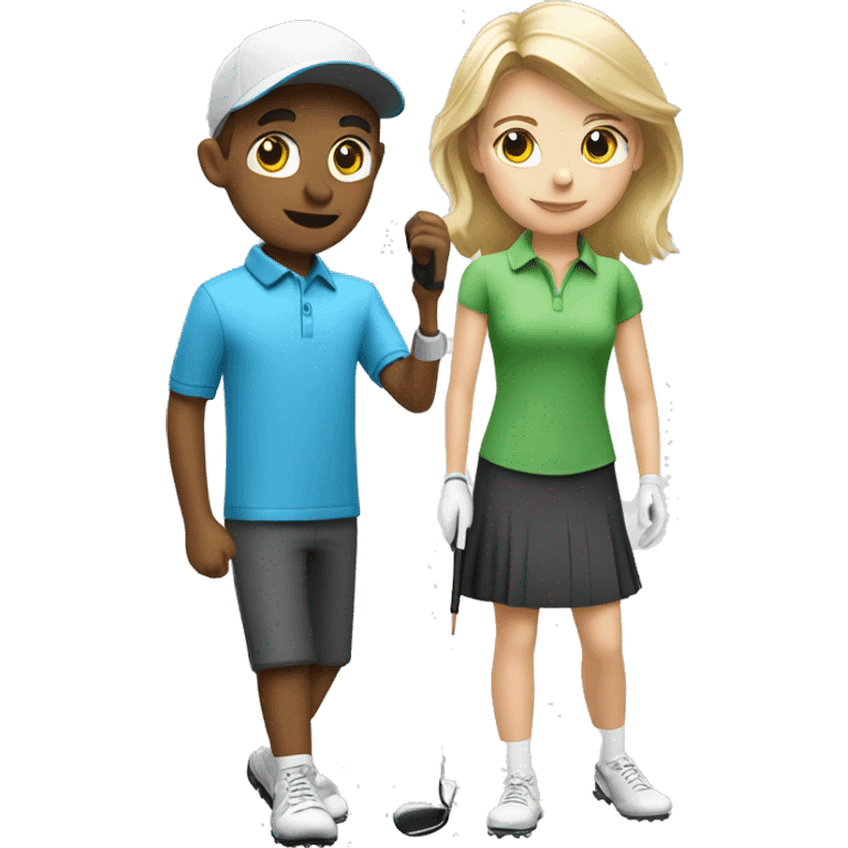 Blonde little boy and brunette little girl golfing with blonde golf coach emoji