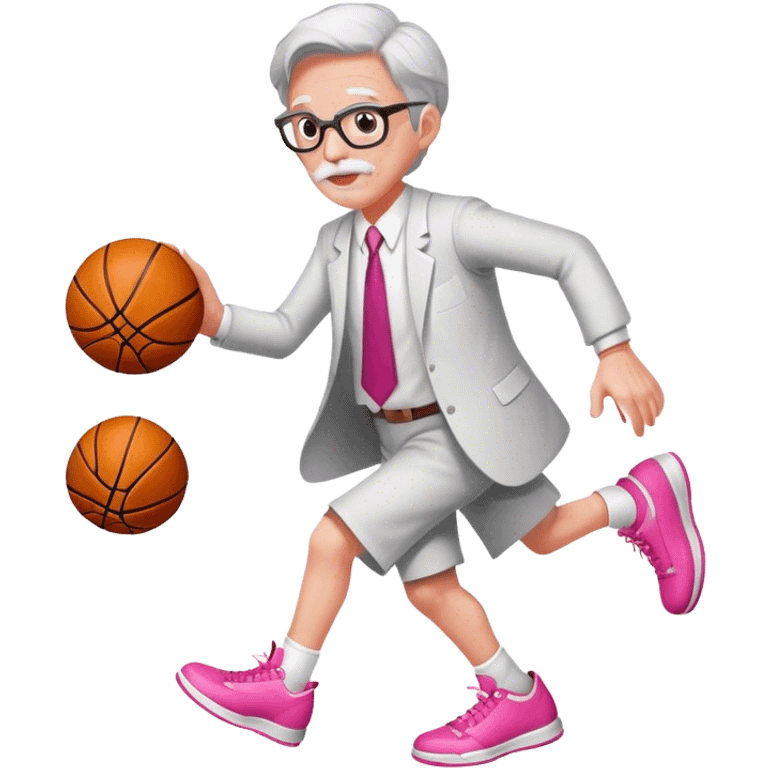 Dressed as a professor. Playing basketball. Only one basketball in picture. Dribbling the basketball. Pink shoes. emoji