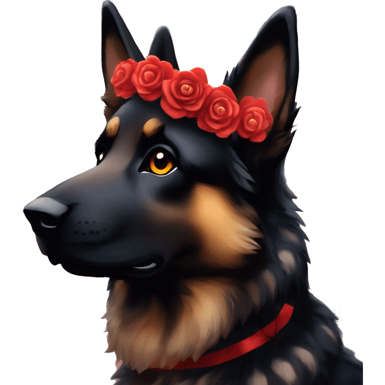 Bokeh Midnight starry night stars dark Brindled striped brindle black German shepherd fox carrying glowing red lantern, fairy lights, rose flower crown, bokeh lights, out of focus blur emoji