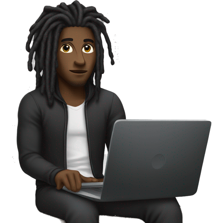 Black-guy-with-dreads-wearing-black-trackstuit-sitting-down-on-chair facing-foward-focused-on-laptop-computer- emoji