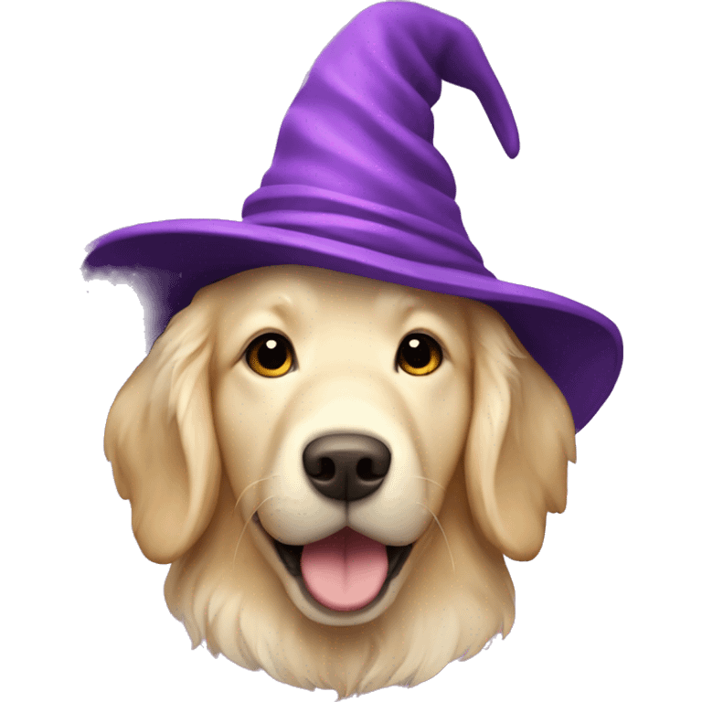 Cream color Golden retriever wearing a purple wizard hat with stars on it emoji