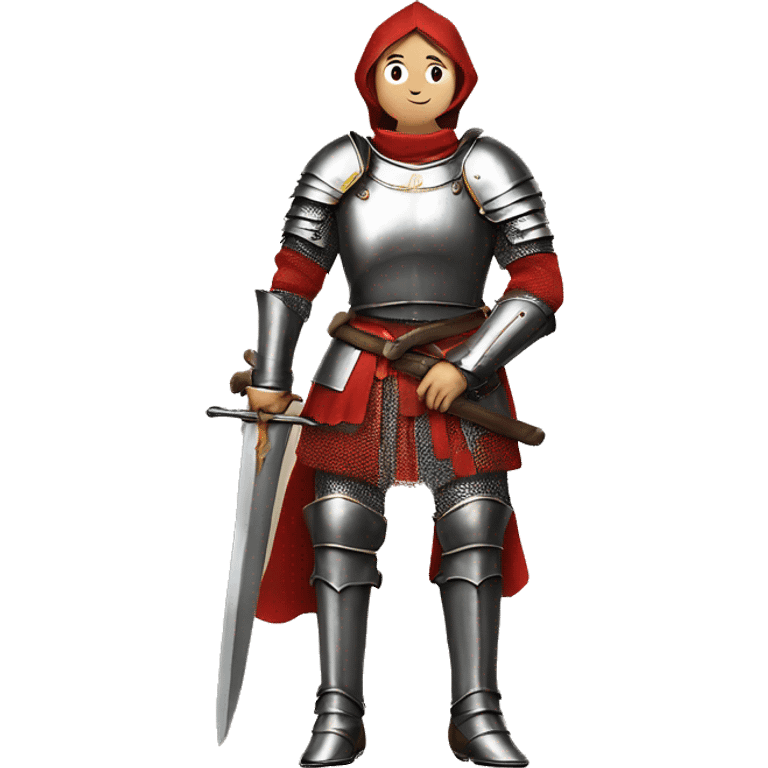 Joan of arc in medieval armor kneels, looking upward, with hands resting on a large sword. They're dressed in a red garment under the armor. emoji