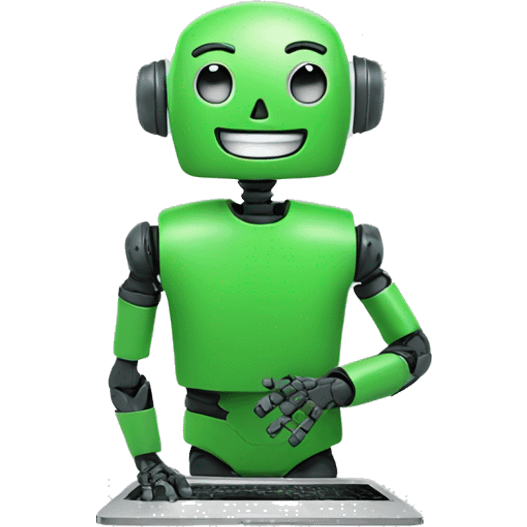 happy robot in laptop wearing green t-shirt emoji