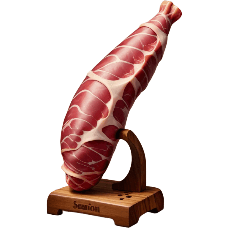 ​Cinematic Realistic Spanish Jamón Leg, depicted as a massive, cured leg of Jamón serrano (ham) with a deep reddish-brown hue, intricately marbled and slightly glossy with age, elegantly displayed on a rustic wooden stand and bathed in warm, soft lighting that accentuates its artisanal heritage, emoji