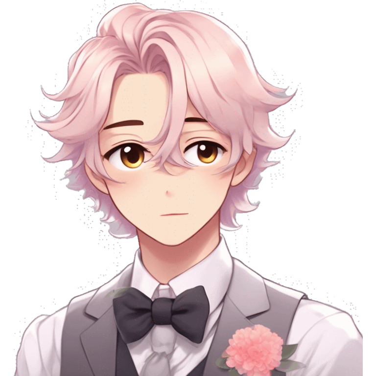 Gorgeous romantic hot attractive anime style formal modern gentlemanly anime shojo guy with pretty hair and flower petals and blushing face aesthetic trending style with colorful gradient colors  pastelcore cottagecore kawaiicore emoji