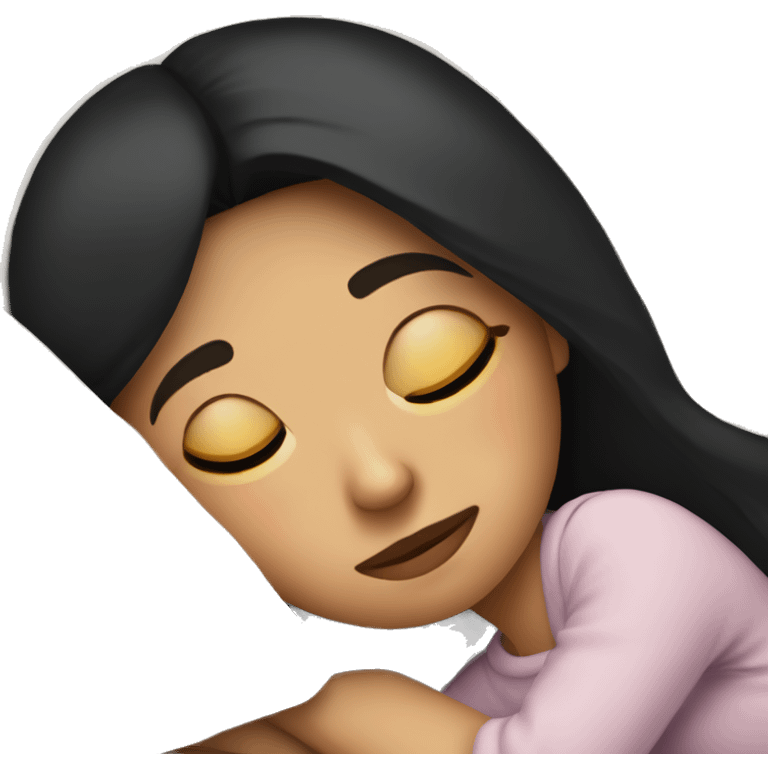 caucasian girl with black straight hair sleeping cozy in bed emoji