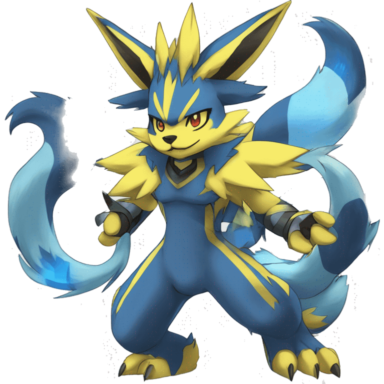 Anthro Edgy Cool Zeraora-Lucario-Werewolf-Jolteon-Pokémon-Fakémon with shiny blue stripes Full Body Detailed High Quality  emoji