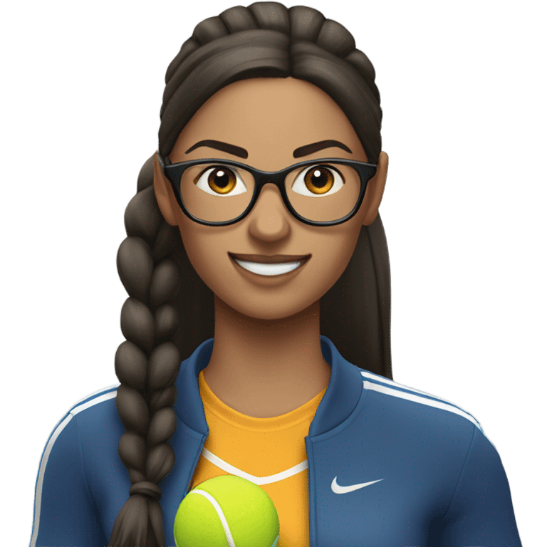 White woman long dark hair in pony tail with glasses hitting tennis ball  emoji