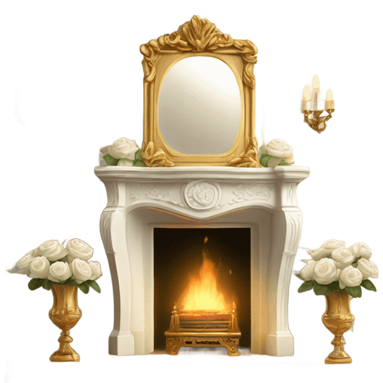 Elegant white fireplace with ornate carvings, a gold-framed mirror above it, and a vase with white roses on top. emoji