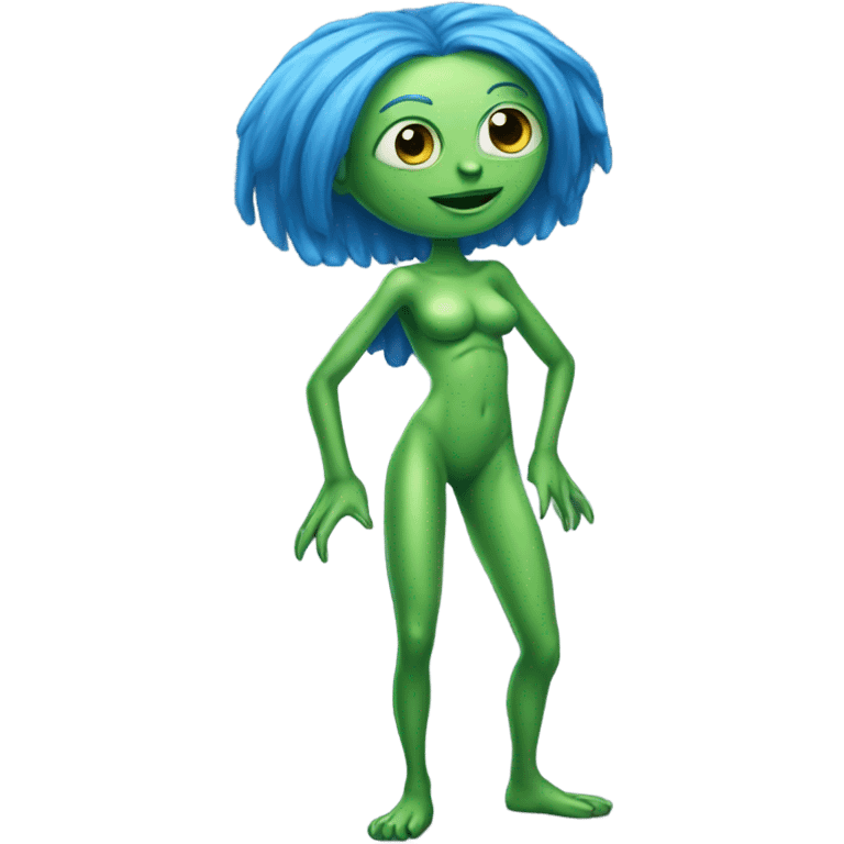 a green alien woman full body,blue hair emoji