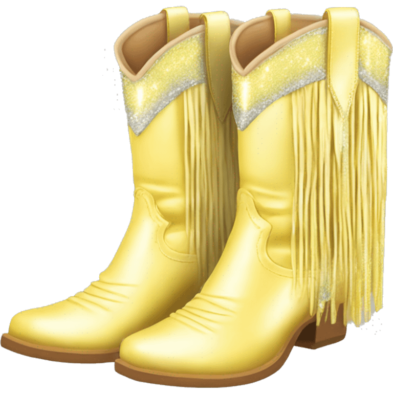 Realistic pastel yellow fashion cowgirl boots with sparkly shiny glitter fringe on them. emoji