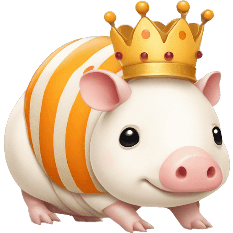 Orange and white piebald chubby round armadillo pig panda centipede armadillo wearing a crown emoji