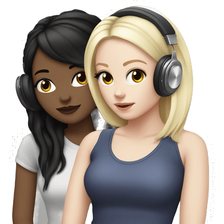 Two pale skin Girls dj with headphones one black hair one blonde hair  emoji