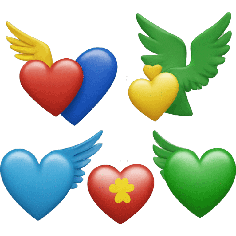 In a row: Yellow heart, green heart, Irish flag, blue heart, wings around red heart emoji