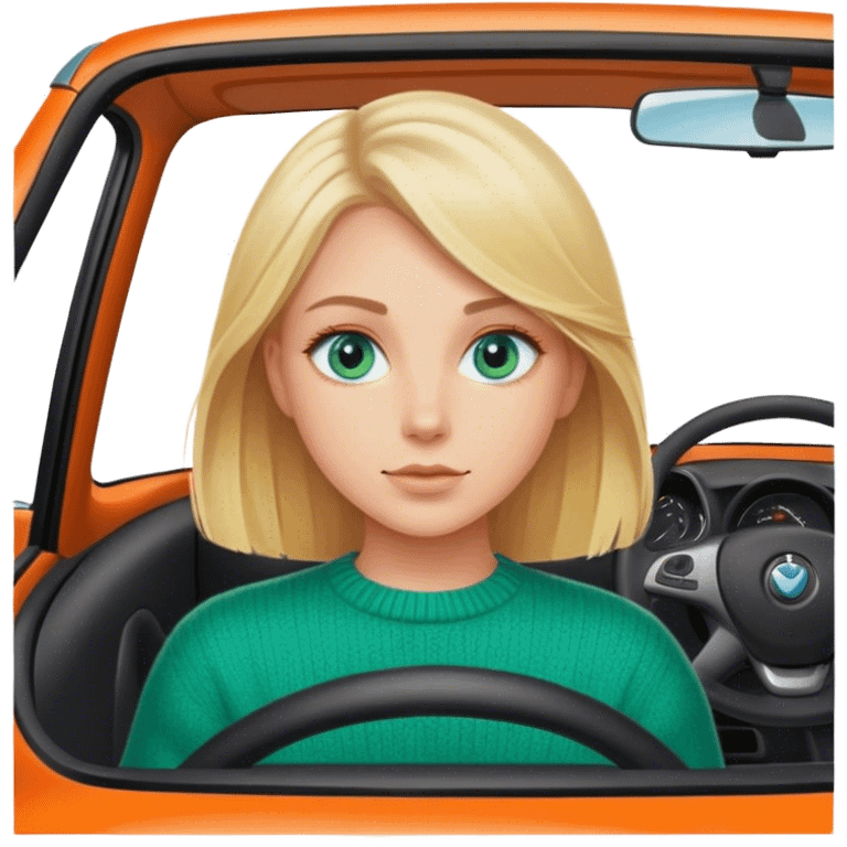 Cinematic realistic blonde with blue eyes, dressed in a green sweater, driving an orange car emoji