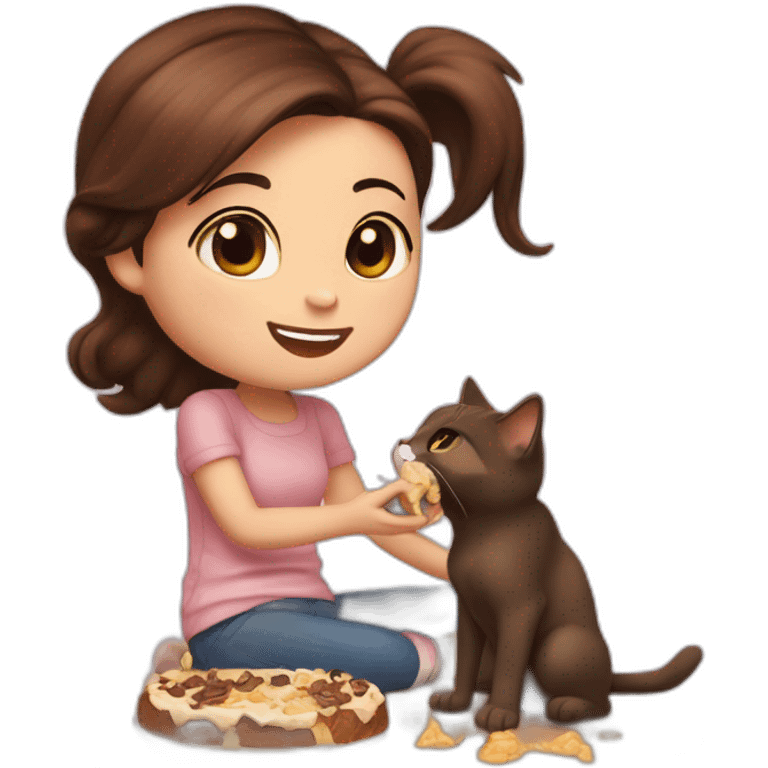 Girl short brown hair and half tail,eating nutella,  with mickey mouse ears, petting a cats, emoji