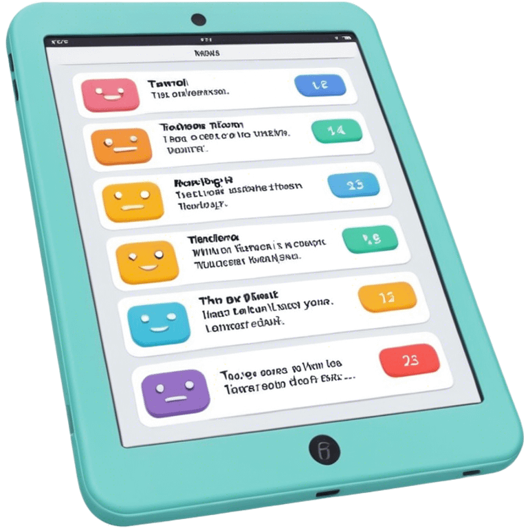 Create an emoji representing fanfiction writing. The design should feature a digital device tablet with visible text, symbolizing the creative process of writing fanfiction. Add a subtle reference to popular fictional characters or universes to indicate the fan aspect. Use a playful, imaginative color palette, blending vibrant tones with soft neutrals. Do not include any emojis or smiley faces. Make the background transparent. emoji