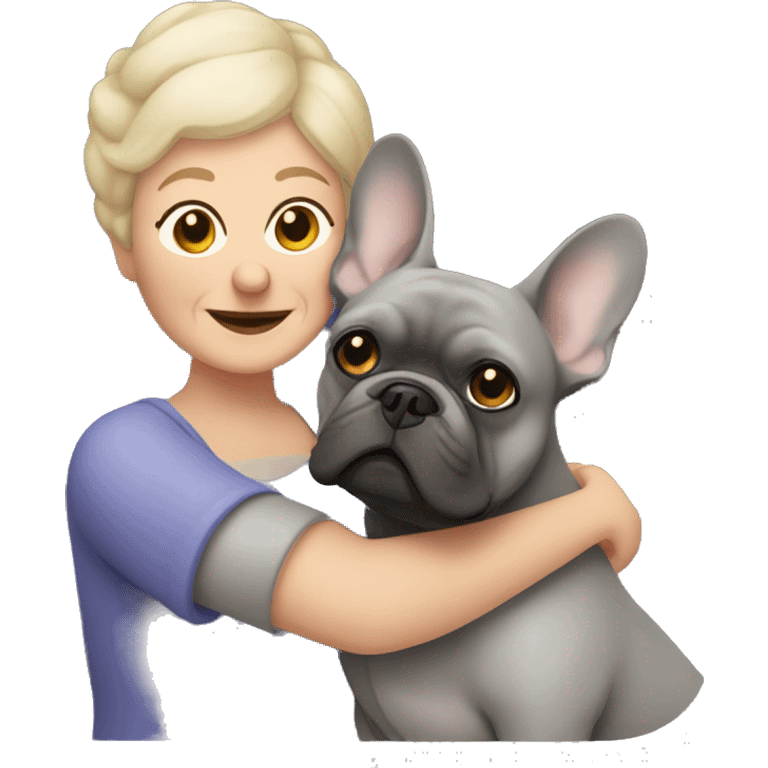 dark blonde grandma hugging dark gray french bulldog emoji