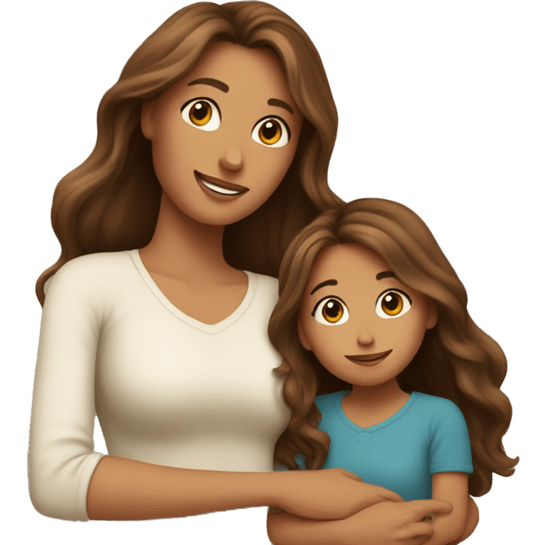 Mom with long brown beautiful hair and daughter with long brown hair hugging emoji