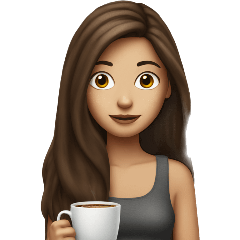 Brunette long hair girl with freckles having coffee emoji