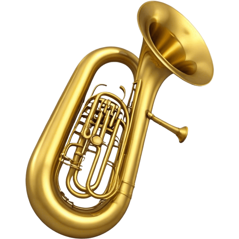 Create a large and bold emoji representing a tuba. The design should feature the tuba’s iconic, large, curved brass body, with its wide bell and tubing wrapping around. Highlight the visible valves and their metal buttons, showcasing the characteristic structure of the instrument. The brass finish should be shiny, with golden tones and subtle reflective light effects to highlight its polished surface. Add soft musical notes or soundwaves emanating from the bell to evoke the deep, resonant sound of the tuba. The background should be transparent. emoji